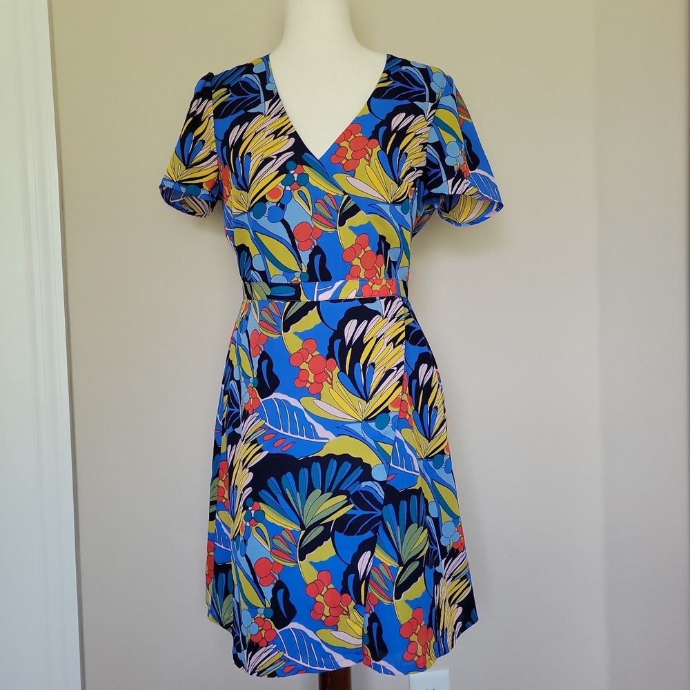 J Crew Mercantile Blue Floral Faux Wrap Dress Size 4 A Line Tropical Coastal